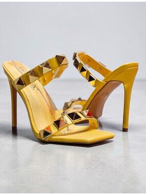 Yellow Studded High Heel Sandals With Straps & Square Toe Design For Women